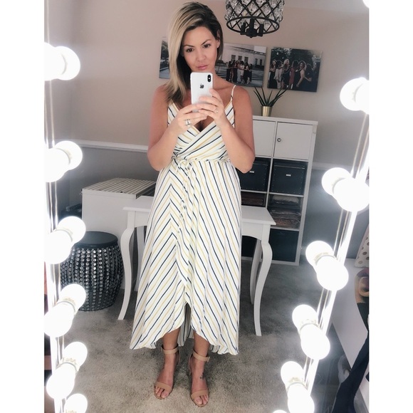 White with Blue & Mustard Stripes Wrap Maxi Dress - Picture 5 of 8